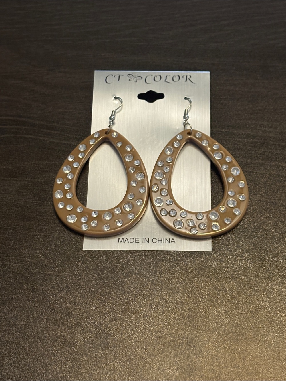 Light Brown Crystal Tear Drop Hoop Earrings